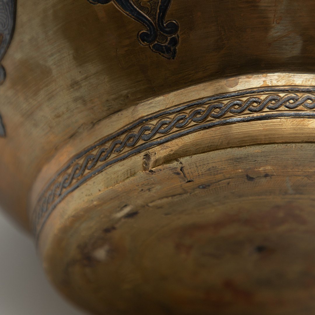 Messingvase/ -topf mit Silbereinlage, Cairo-ware, Mamluk Revival, Ägypten oder Syrien, frühes 20. Jh.