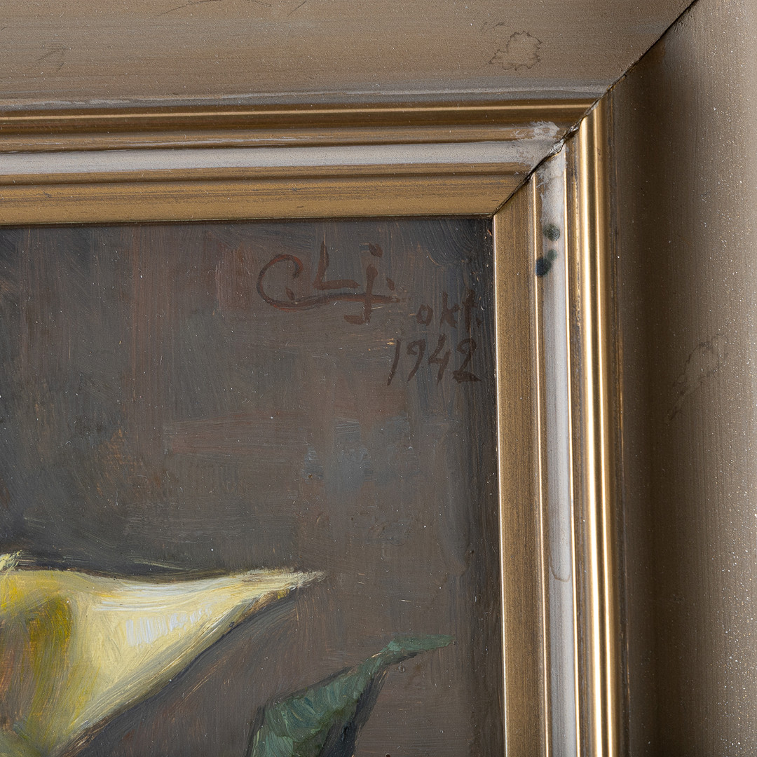 CARL LJUNGBERG. Olja på pannå, gul ros, daterad 1942, signerad.