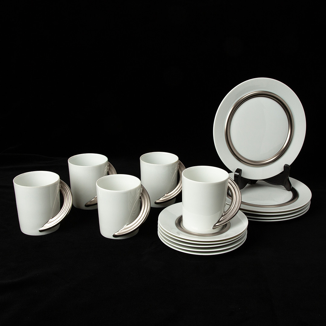 MARIO BELLINI. kaffeservis, porslin, Cupola Platinum Mocka, 10 delar, Rosenthal.