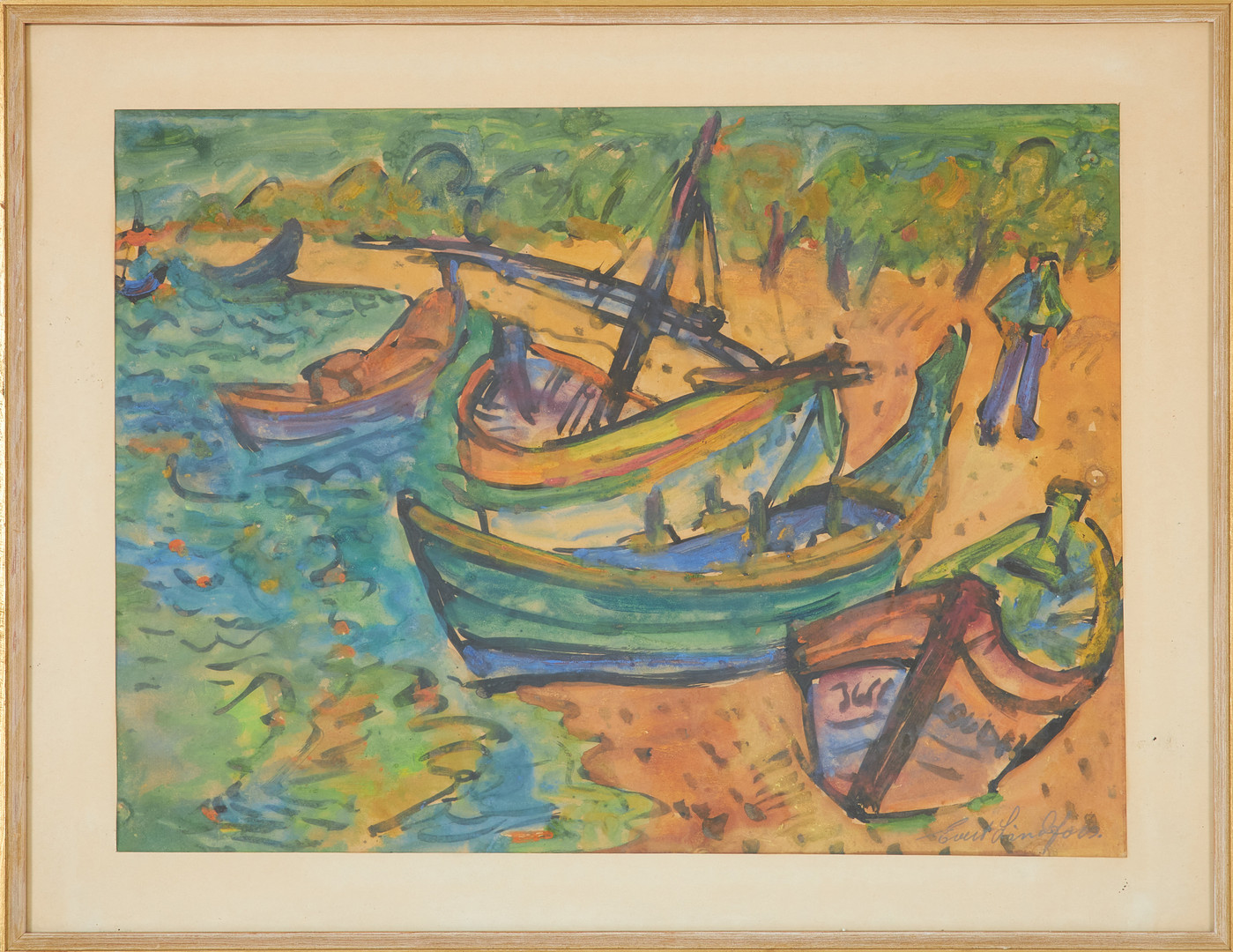 EVERT LINDFORS. Strandmotiv med båtar, pastell, signerad.