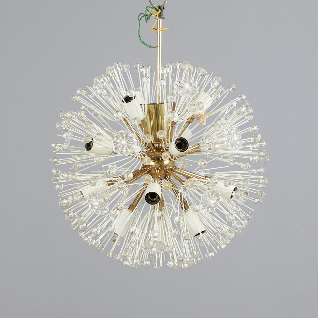 EMIL STEJNAR. für Rupert Nikoll, Sputnik Pendelleuchte / Deckenlampe, Modell 'Pusteblume' / 'Snowball', Messing, Metall, Glas, Entwurf 1955, Österreich.