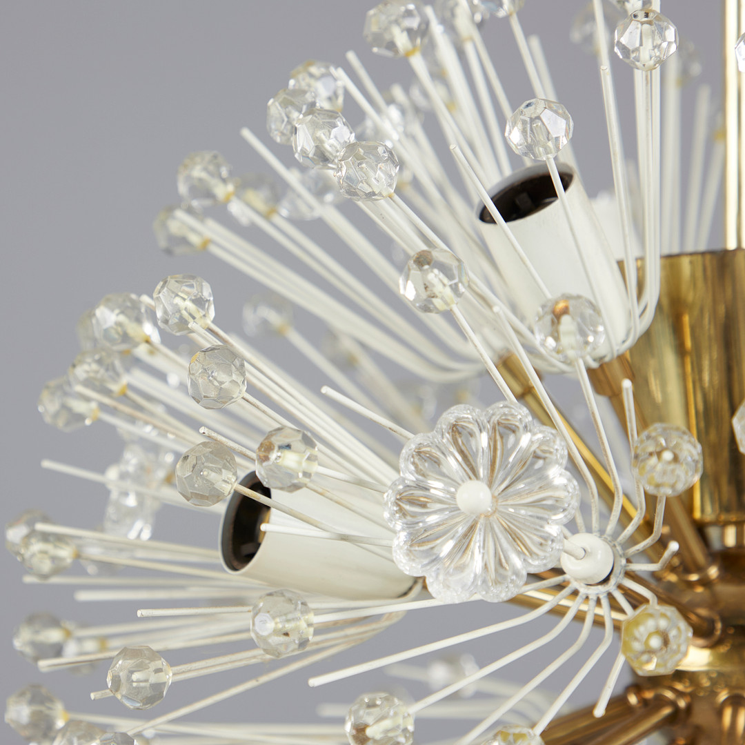 EMIL STEJNAR. für Rupert Nikoll, Sputnik Pendelleuchte / Deckenlampe, Modell 'Pusteblume' / 'Snowball', Messing, Metall, Glas, Entwurf 1955, Österreich.