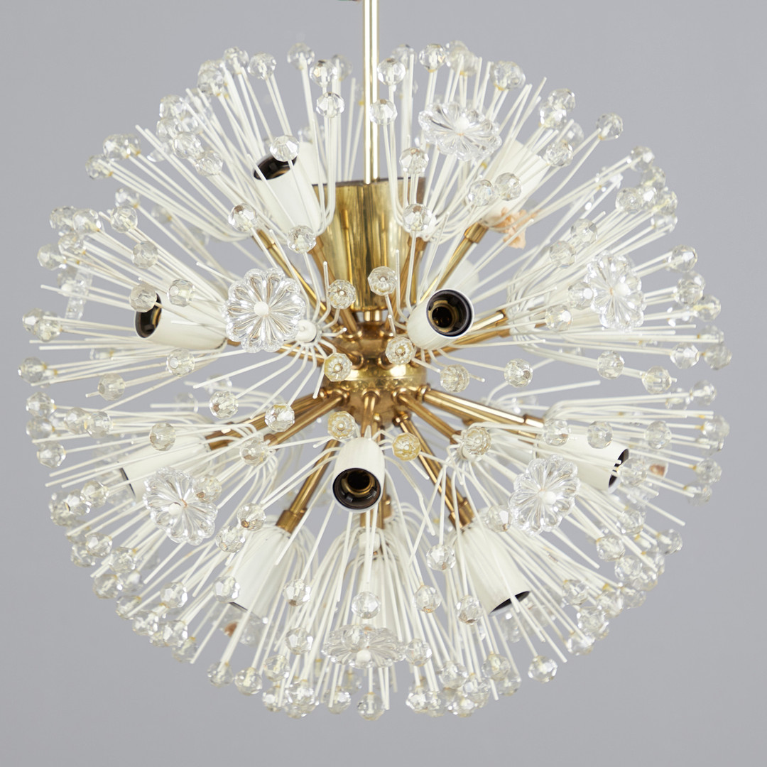 EMIL STEJNAR. für Rupert Nikoll, Sputnik Pendelleuchte / Deckenlampe, Modell 'Pusteblume' / 'Snowball', Messing, Metall, Glas, Entwurf 1955, Österreich.