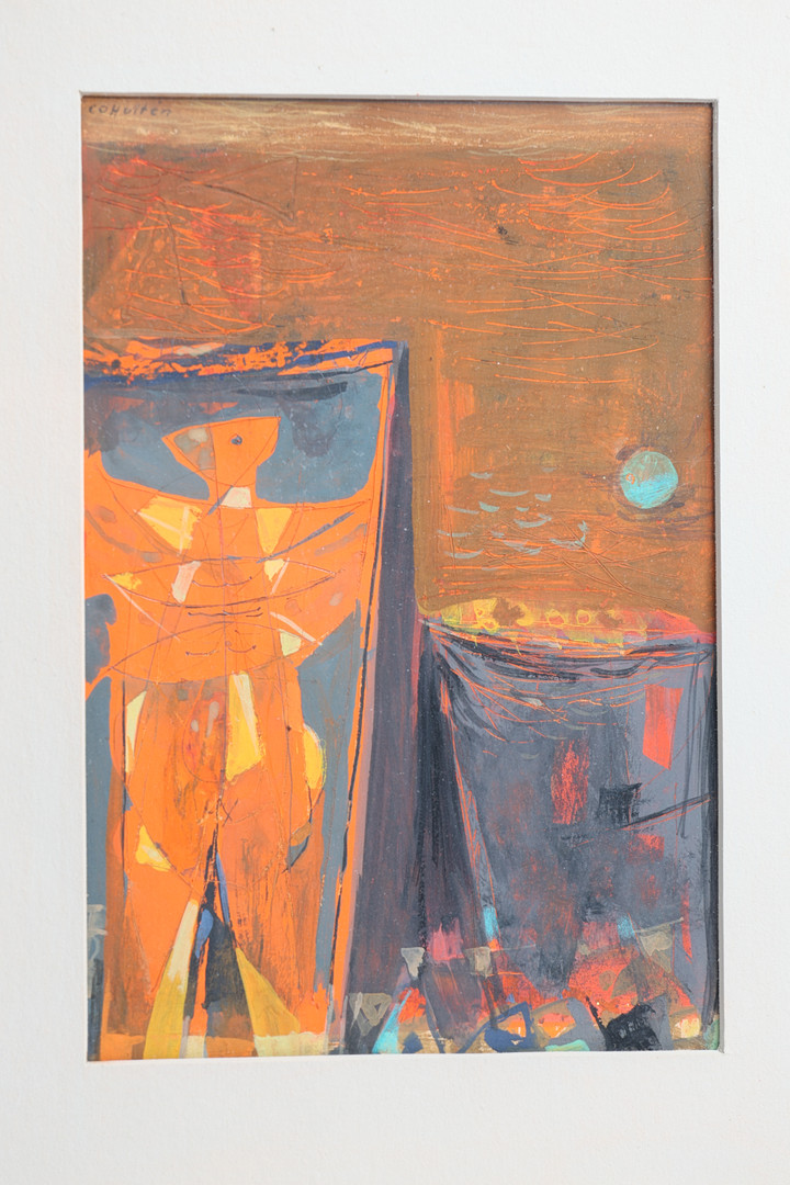 CO HULTÉN. Figurkomposition i orange och grått, gouache, signerad.