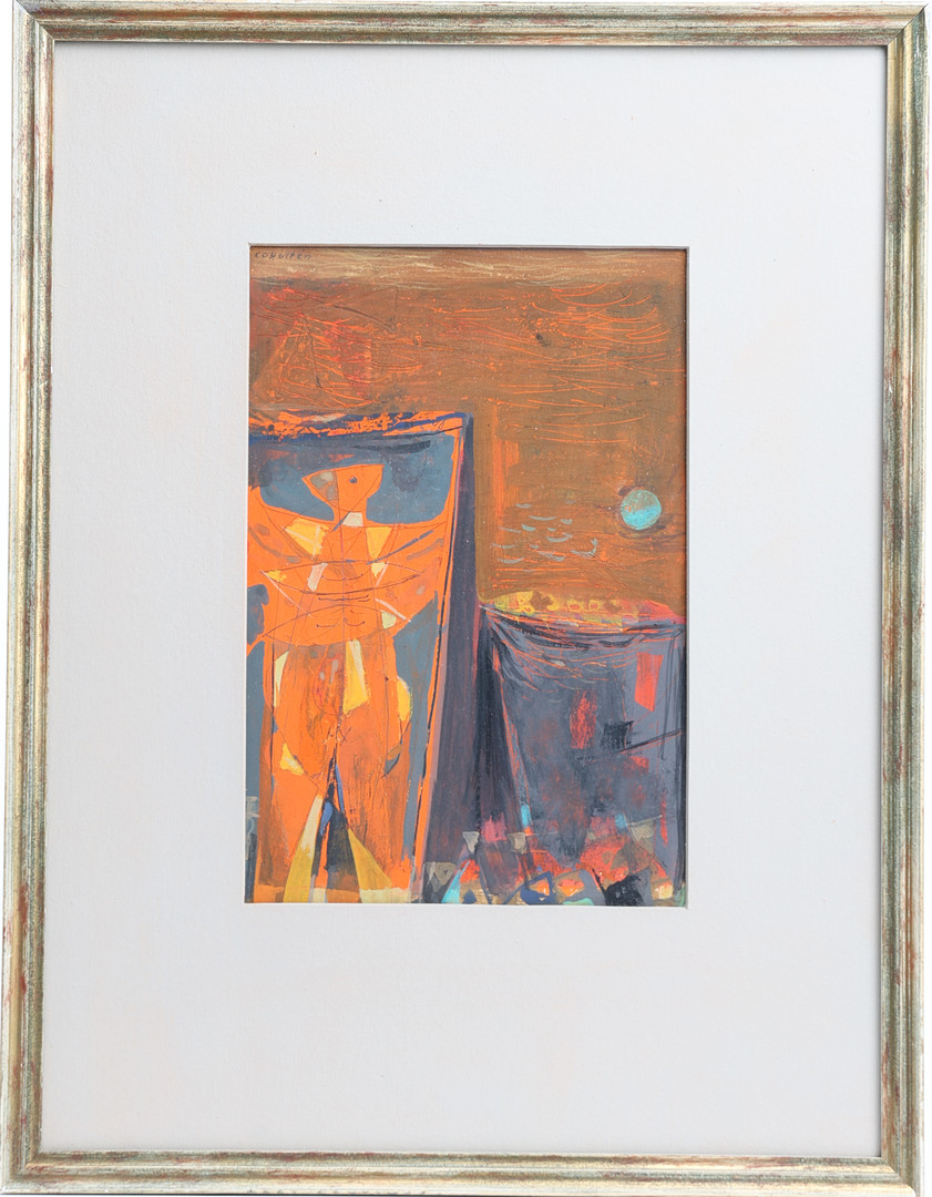 CO HULTÉN. Figurkomposition i orange och grått, gouache, signerad.