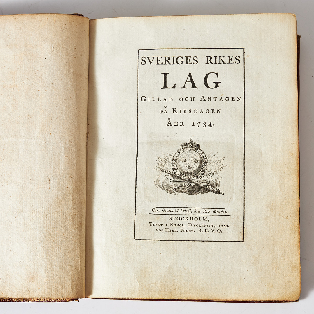 SVERIGES RIKES LAG 1734, I UPPLAGA FRÅN 1780, VACKER ANTIKVA.
