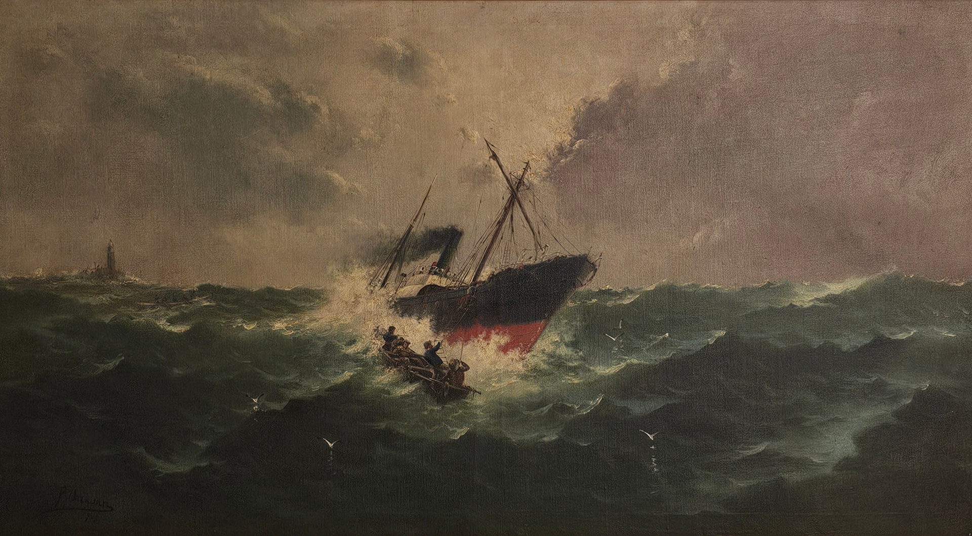 FIRMA ILEGIBLE. Naufragio. Óleo sobre lienzo. Fechado, 1902.