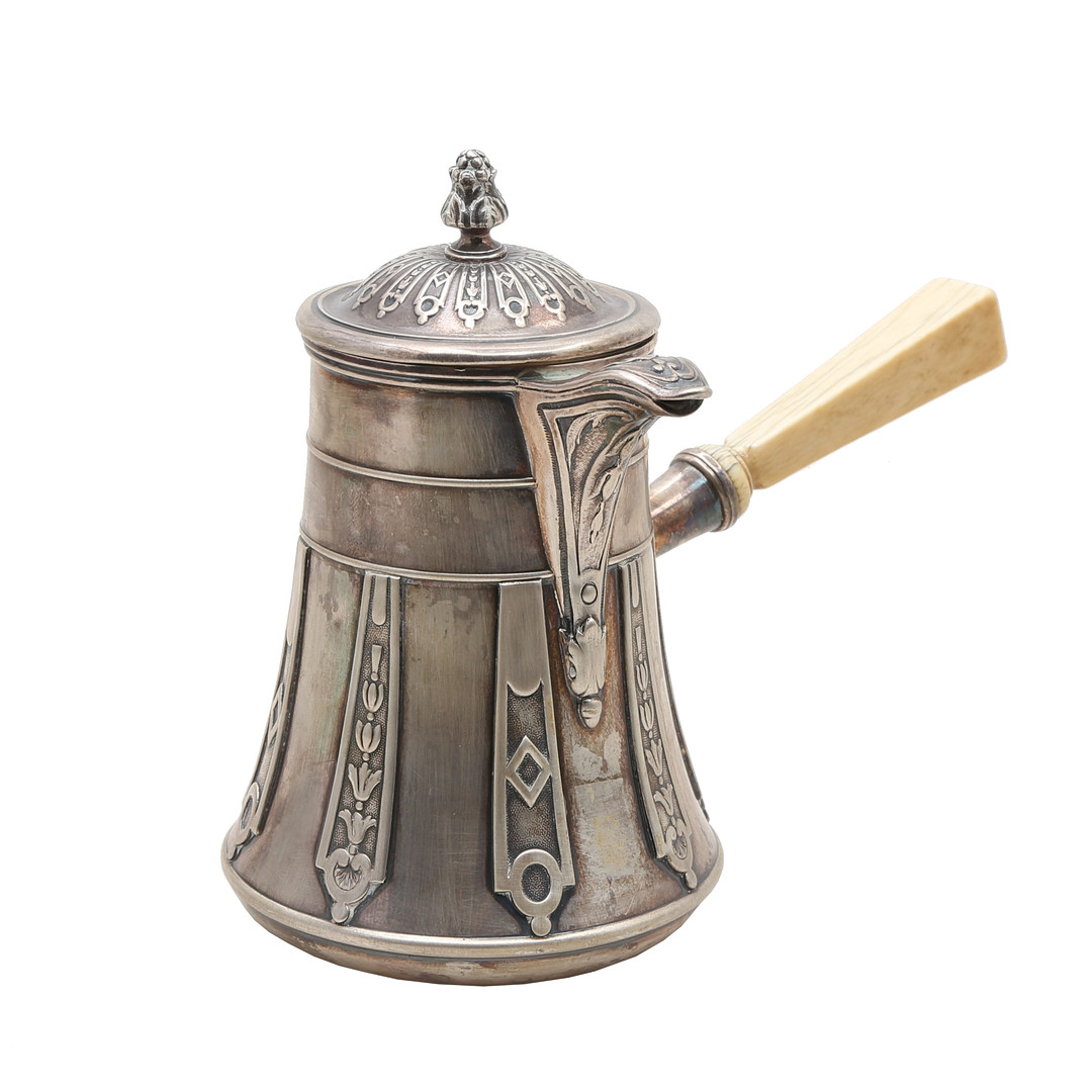 French Regency-style chocolate pot in silver, llate 19th Century.