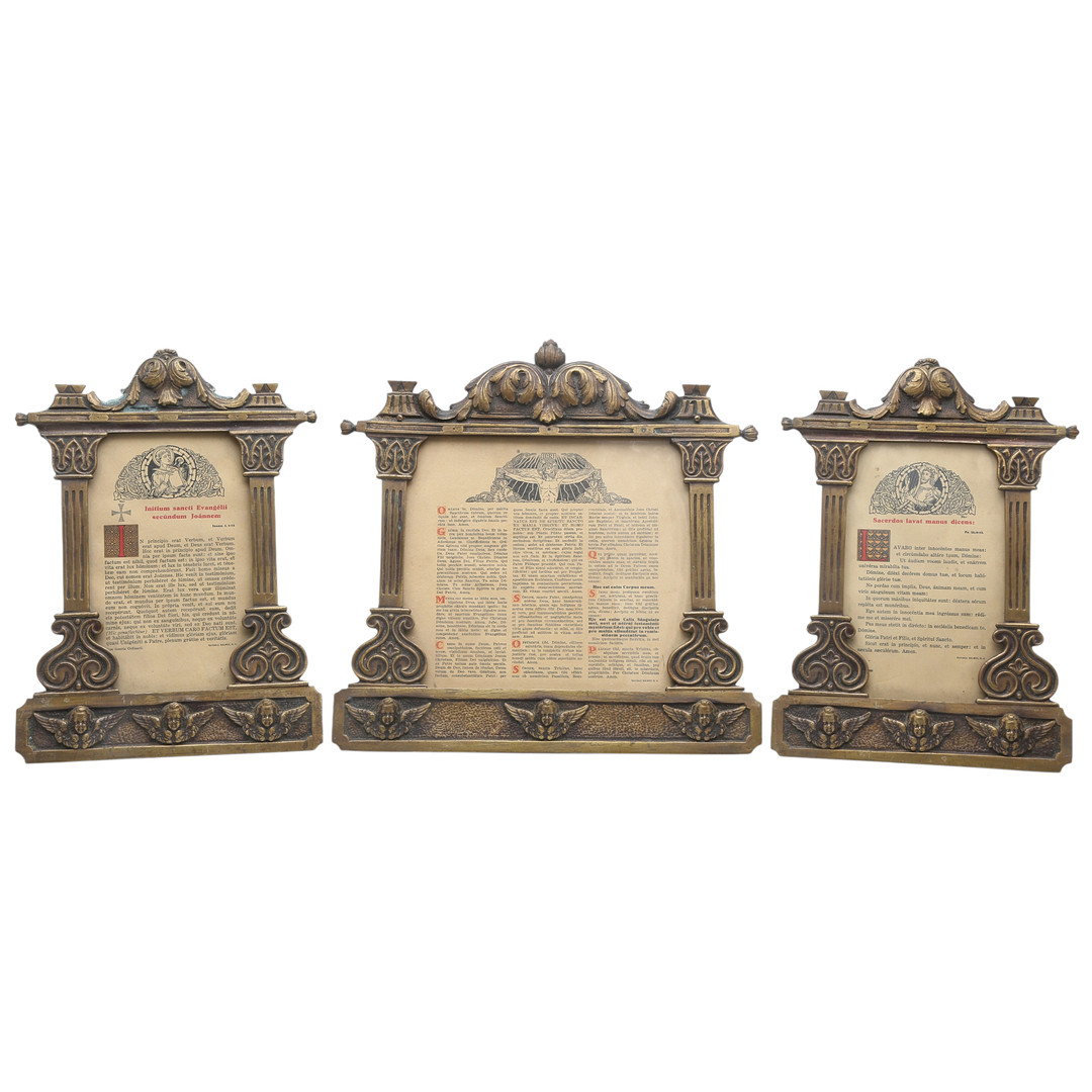 Set of three brass altar cards, 20th Century.