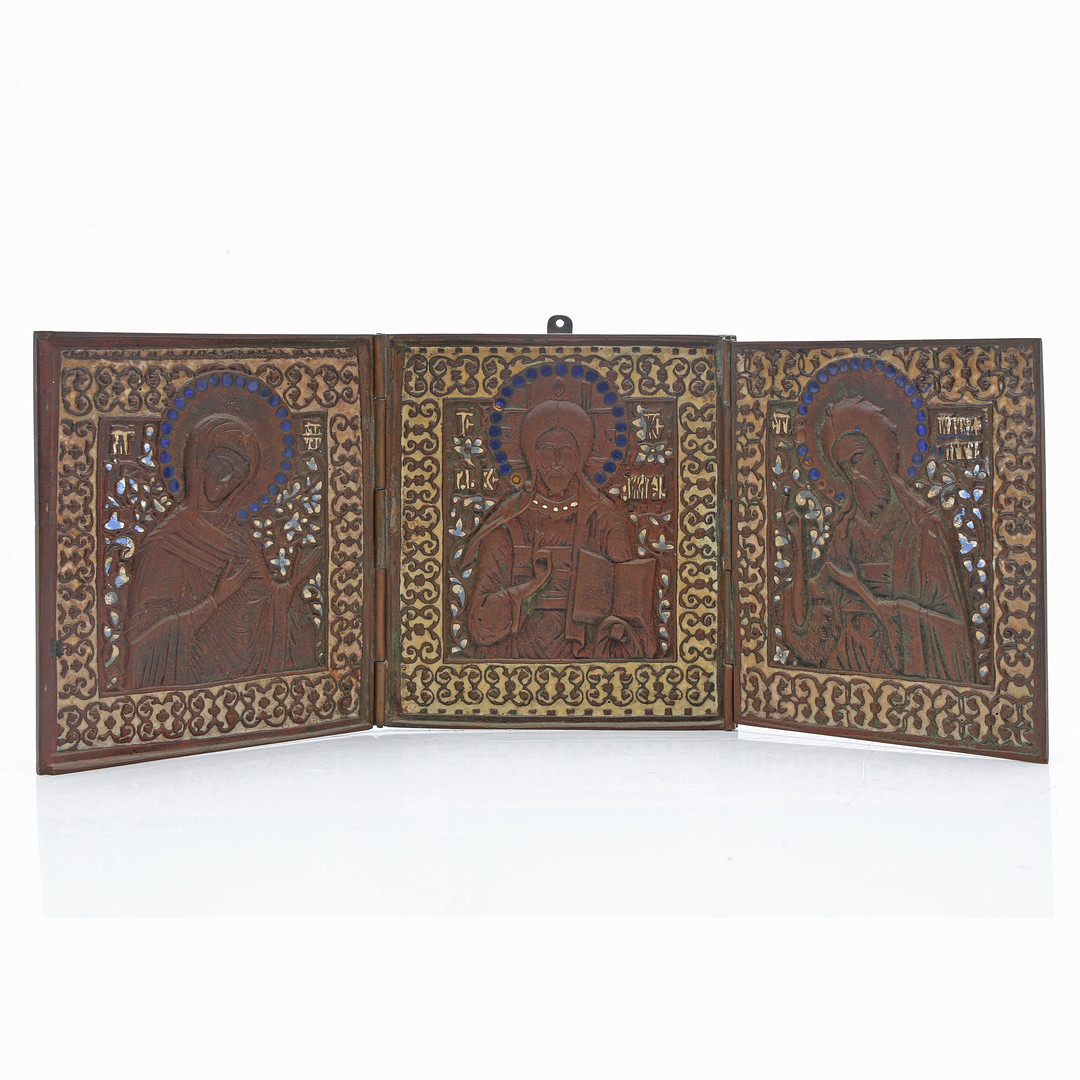 "Deisi", portable triptych icon in enamelled bronze, probably 19th Century.