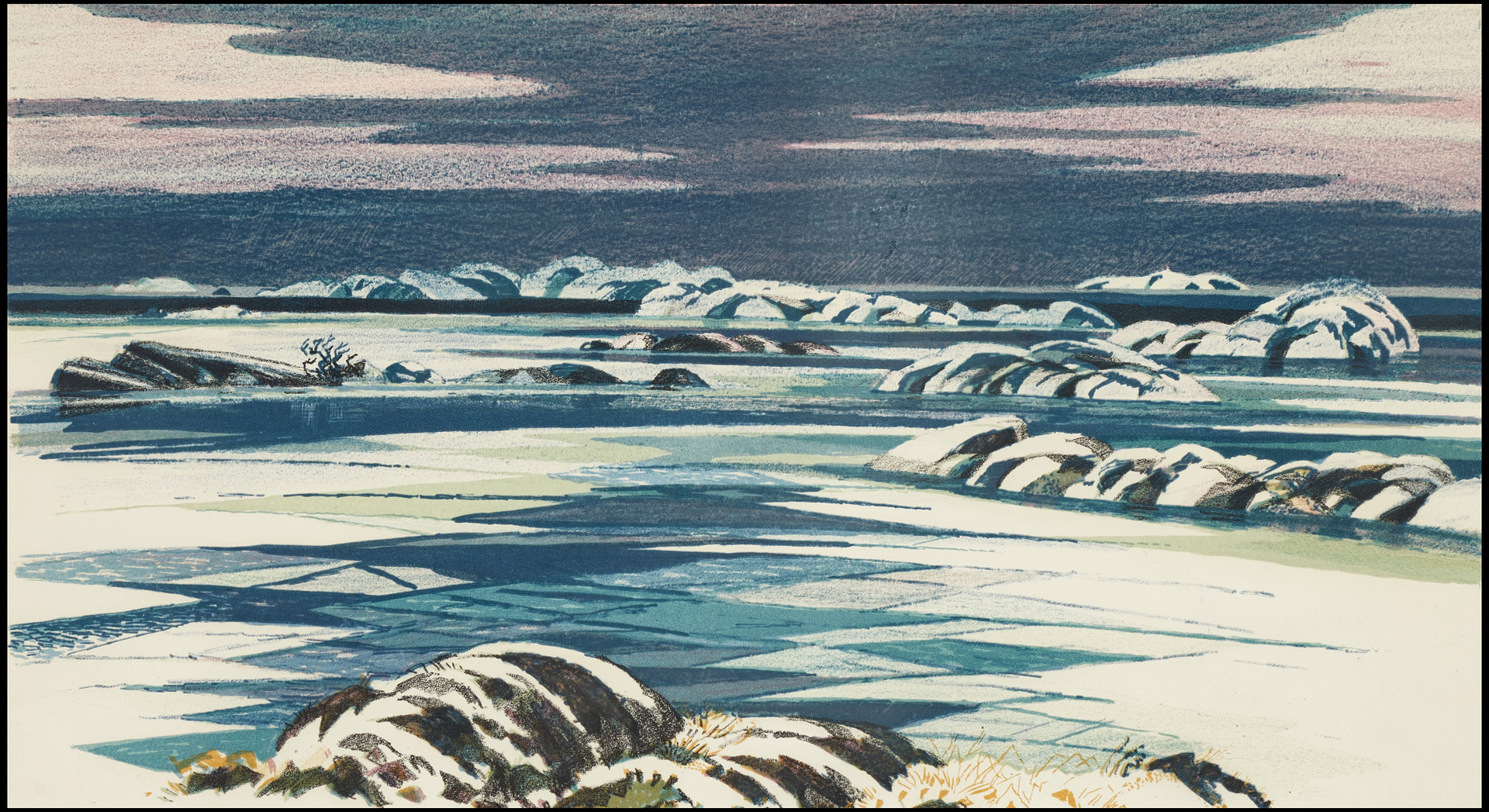 ROLAND SVENSSON (1910-2003). "Islossning", Kallskär, ("Vårvinter, Kallskär") signerad roland S., numrerad 353/360, färglitografi.