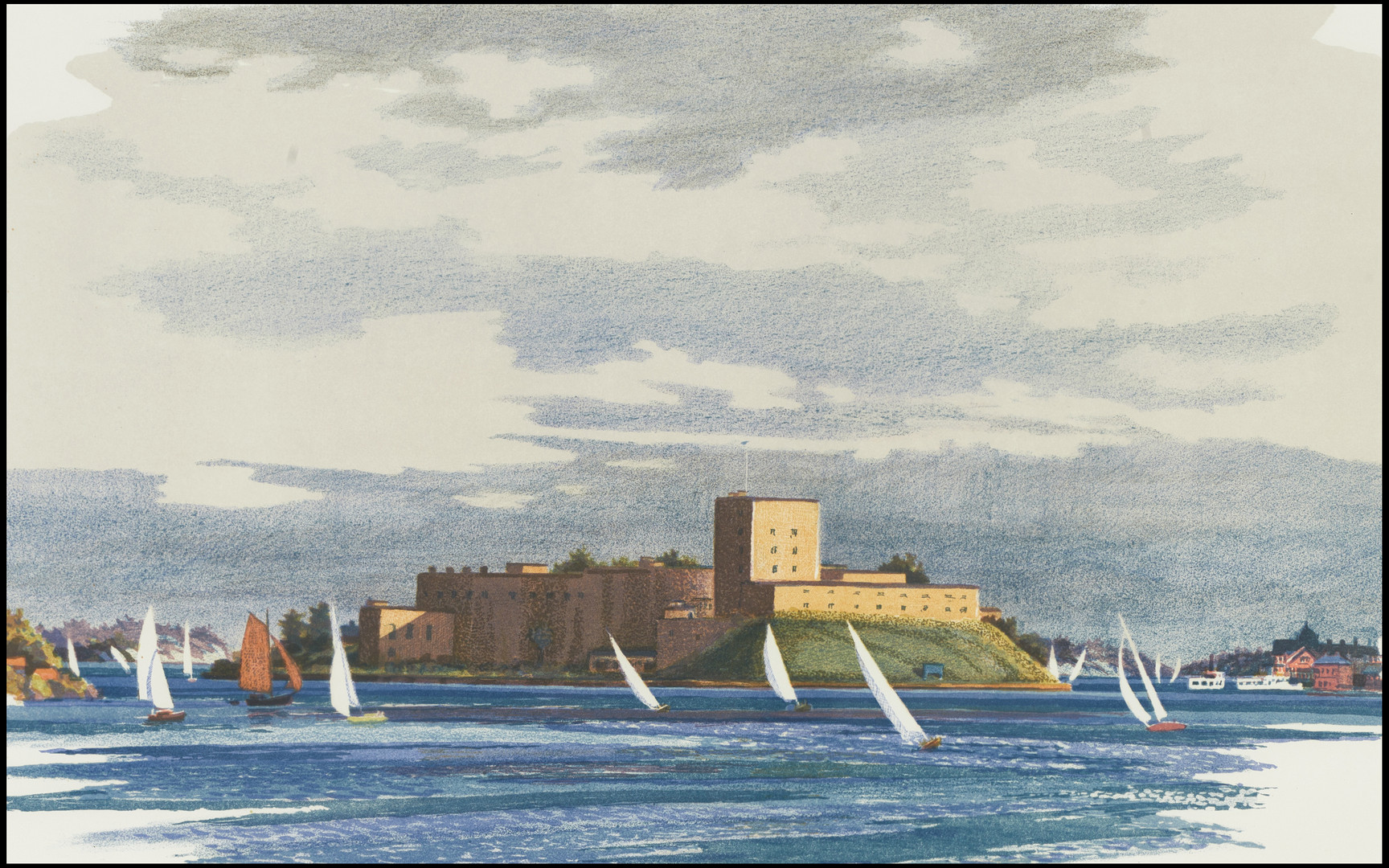 ROLAND SVENSSON (1910-2003). "Vaxholms Kastell", signerad och numrerad roland S. 251/360, färglitografi.