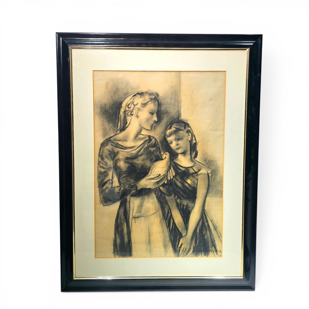 PERE PRUNA. Jóvenes, Dibujo al carbón sobre papel.