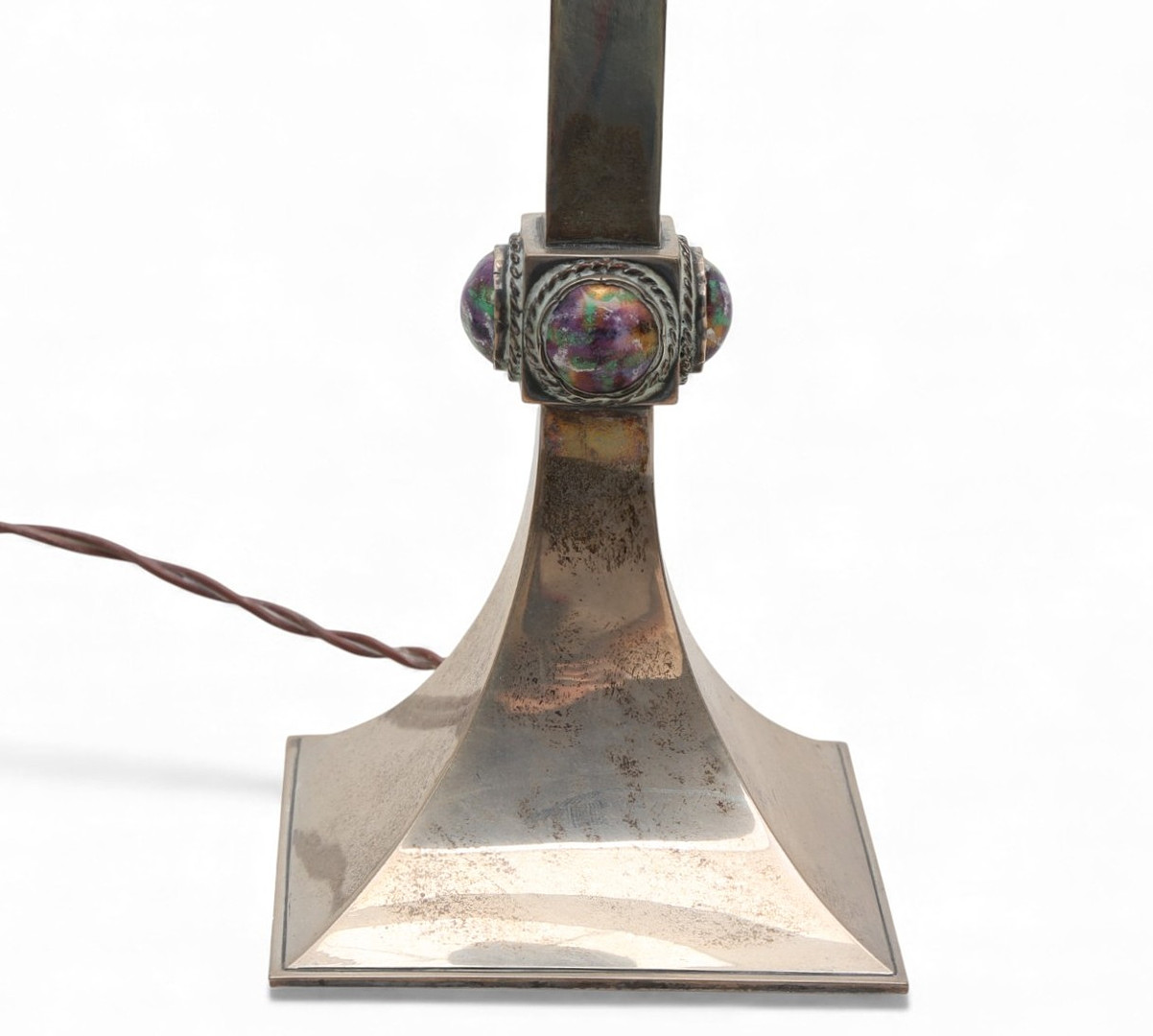 Pair of candlesticks/table lamps in silver with enamel cabochons, from the 20th century.