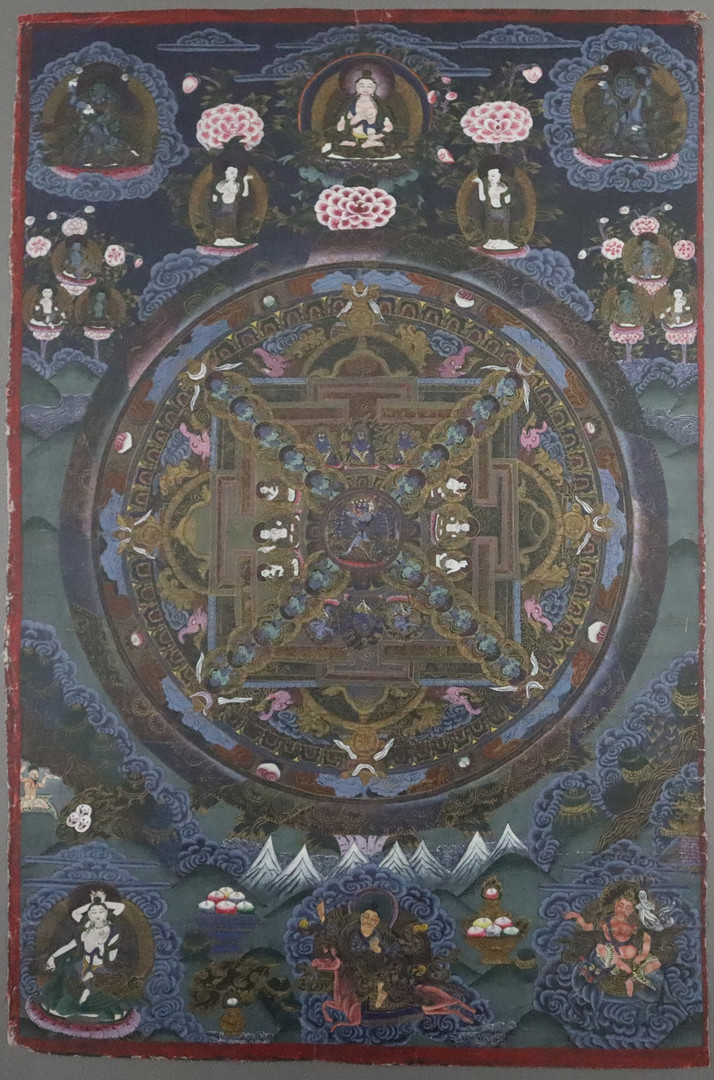 MANDALA-THANGKA - Tibet, 20.Jh., Malerei in Gouachefarben auf Leinen, goldgehöht.