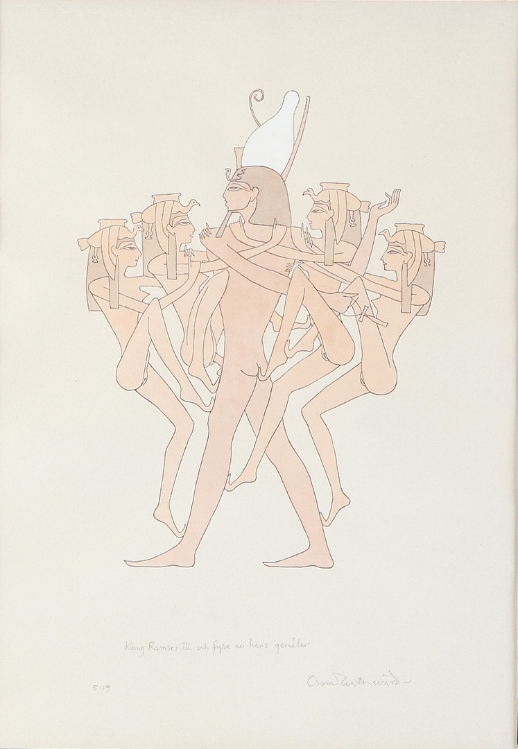 Blandteknik, tusch och akvarell. "Kung Ramses III och fyra av hans gemåler". Signerad.