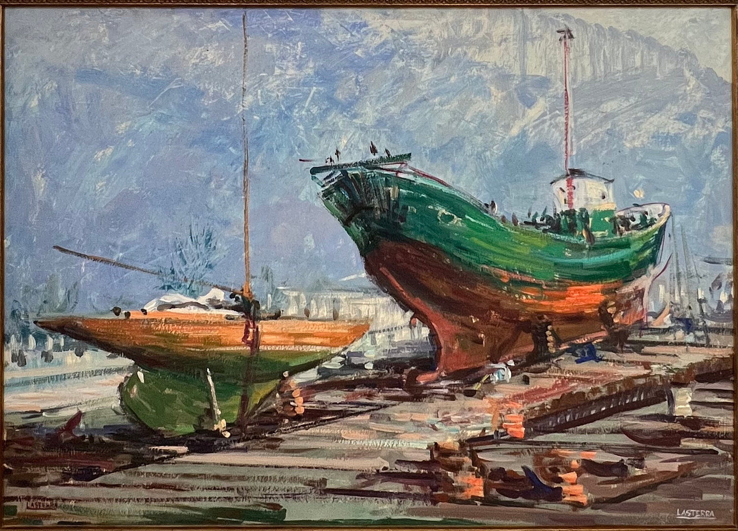 JESÚS LASTERRA (1931-1994). Puerto, óleo sobre cartón.