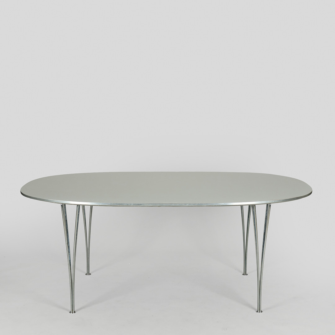BRUNO MATHSSON & PIET HEIN. "Superellipse" spisebord med plade af grå laminat, spændeben af forkromet metal, 180 x 120 cm, Fritz Hansen, Danmark, 2000.