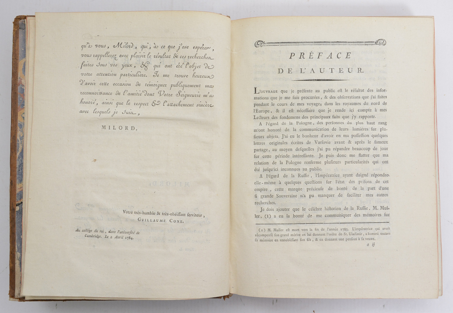COXE, WILLIAM. Voyage en Pologne, Russie, Suède, Dannemarck, &c, par Mr. Will. Coxe. Traduit de l’anglais, enrichi de notes & des éclairicissémens nécessaires, & augmenté d’un Voyage en Norvège. Par Mr. P. H. Mallet.