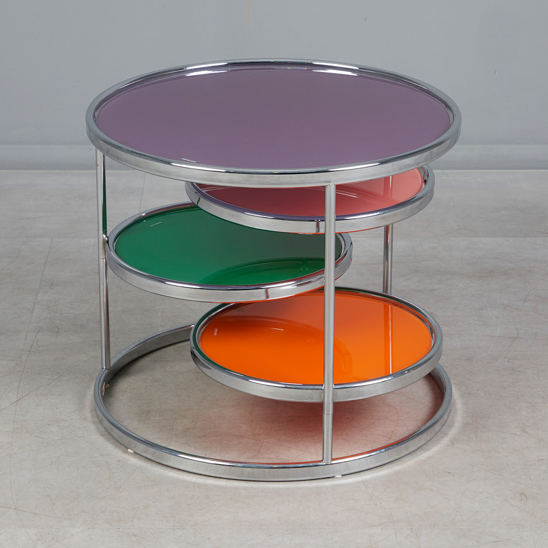MILO BAUGHMAN. KARE Design, Couchtisch / Beistelltisch, Chromstahl, farbig beschichtetes Glas, Deutschland