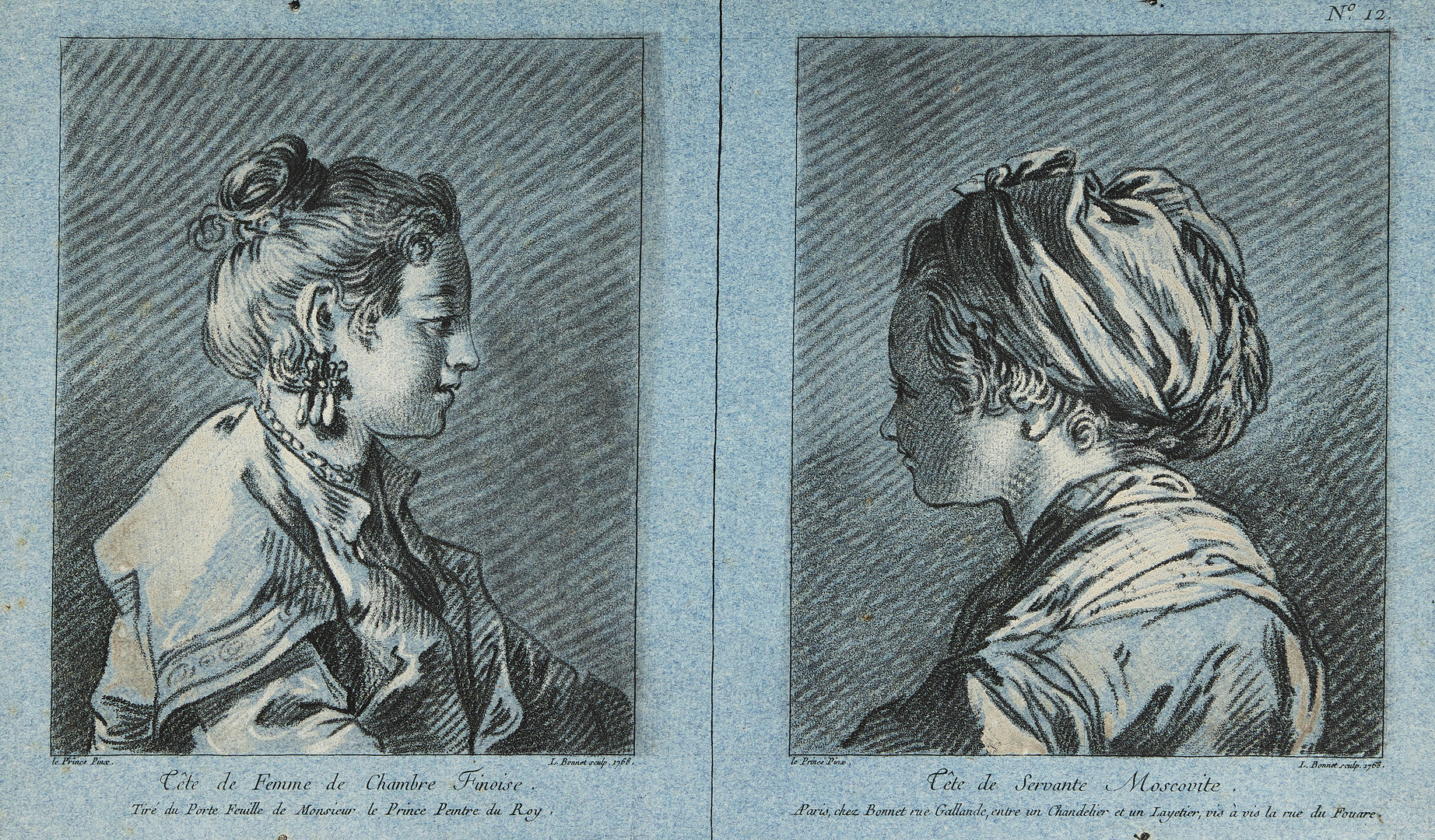 LOUIS MARIN BONNET (1736‑1793). After Jean-Baptiste Leprince (France 1734‑1793). ”Tête de Femme de Chambre Finoise et Tête de Servante Moscovite”.