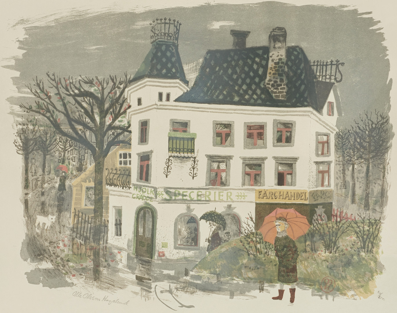 OLLE OLSSON HAGALUND (1904-1972). Specerihandeln, signerad och numrerad 40/250, färglitografi.