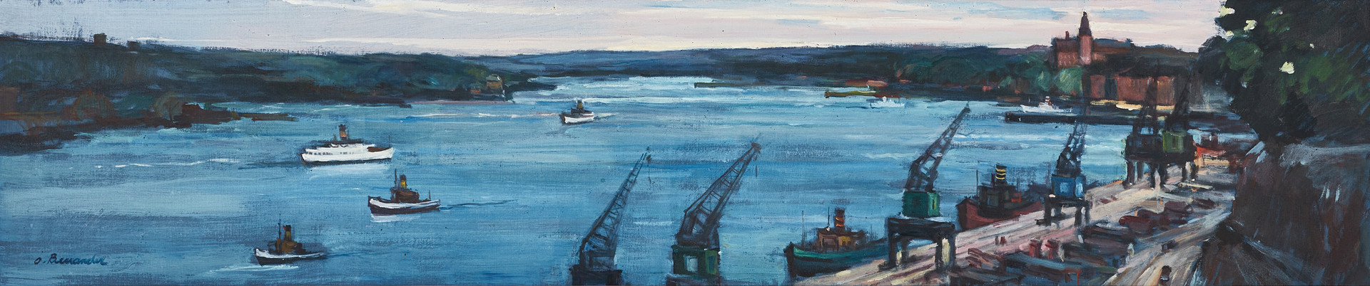 OLOF BERNANDER. Vy över Stadsgårdskajen, signerad, olja på duk.