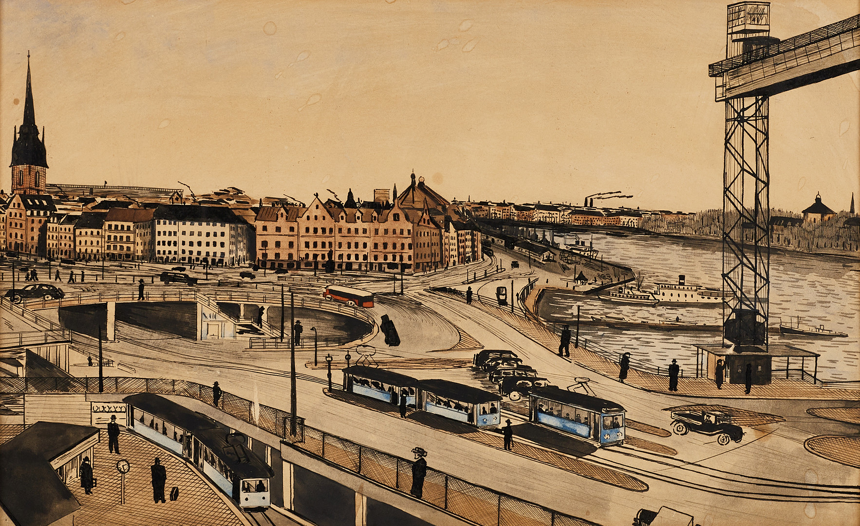 OIDENTIFIERAD KONSTNÄR. Motiv från Slussen (Stockholm), blandteknik med tusch och akvarell på papper, signerad.