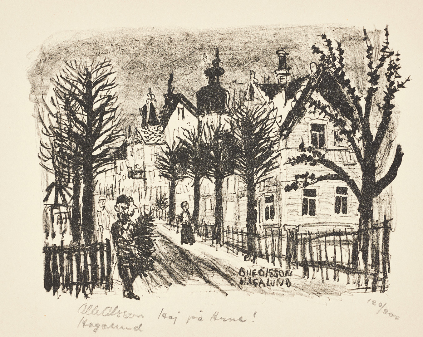 OLLE OLSSON-HAGALUND (1904-1972). "Hagalund", ("Mannen med julgran"), 1956, signerad, numrerad 120/200, litografi.