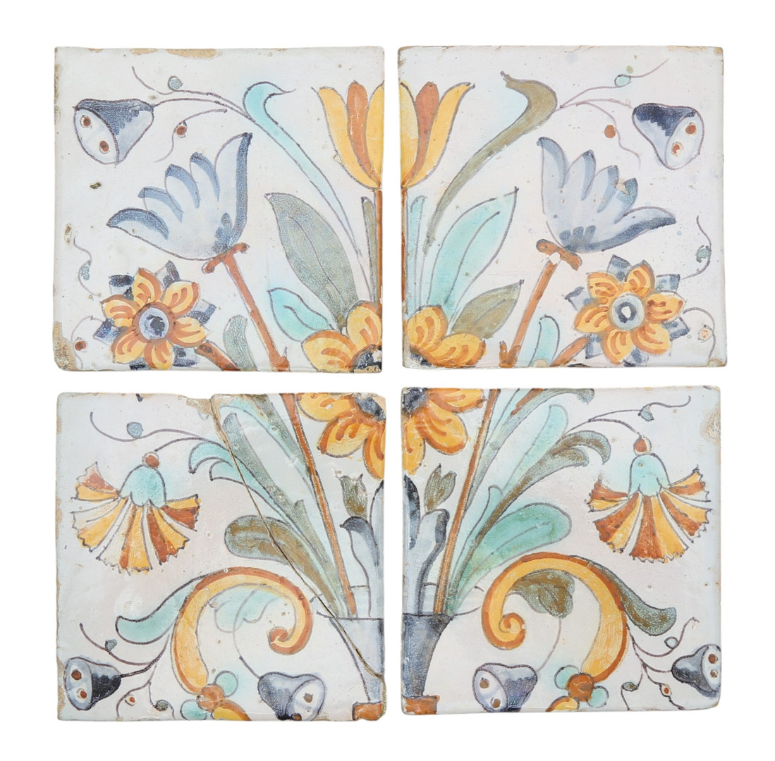 “Flowers vase”, four Catalan earthenware tiles, 18th Century.