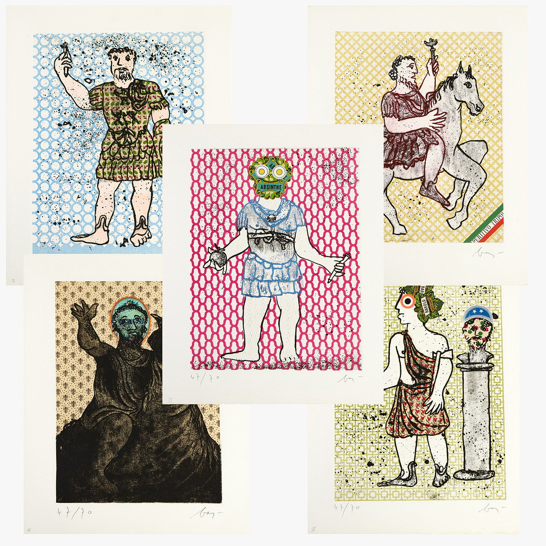 ENRICO BAJ (ITALIEN, 1924-2003). Mapp "Imperatores Romani", 5 st blad, samtliga signerade och numrerade 47/70, 1972, Editions Sonet, färgetsning.