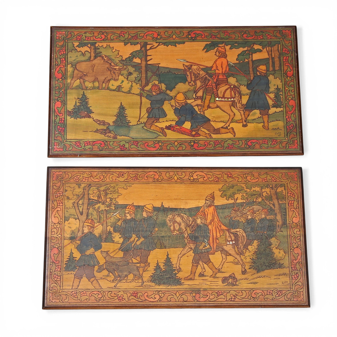 "Hunting scenes", pair of wood panels with pyrography, 1926.