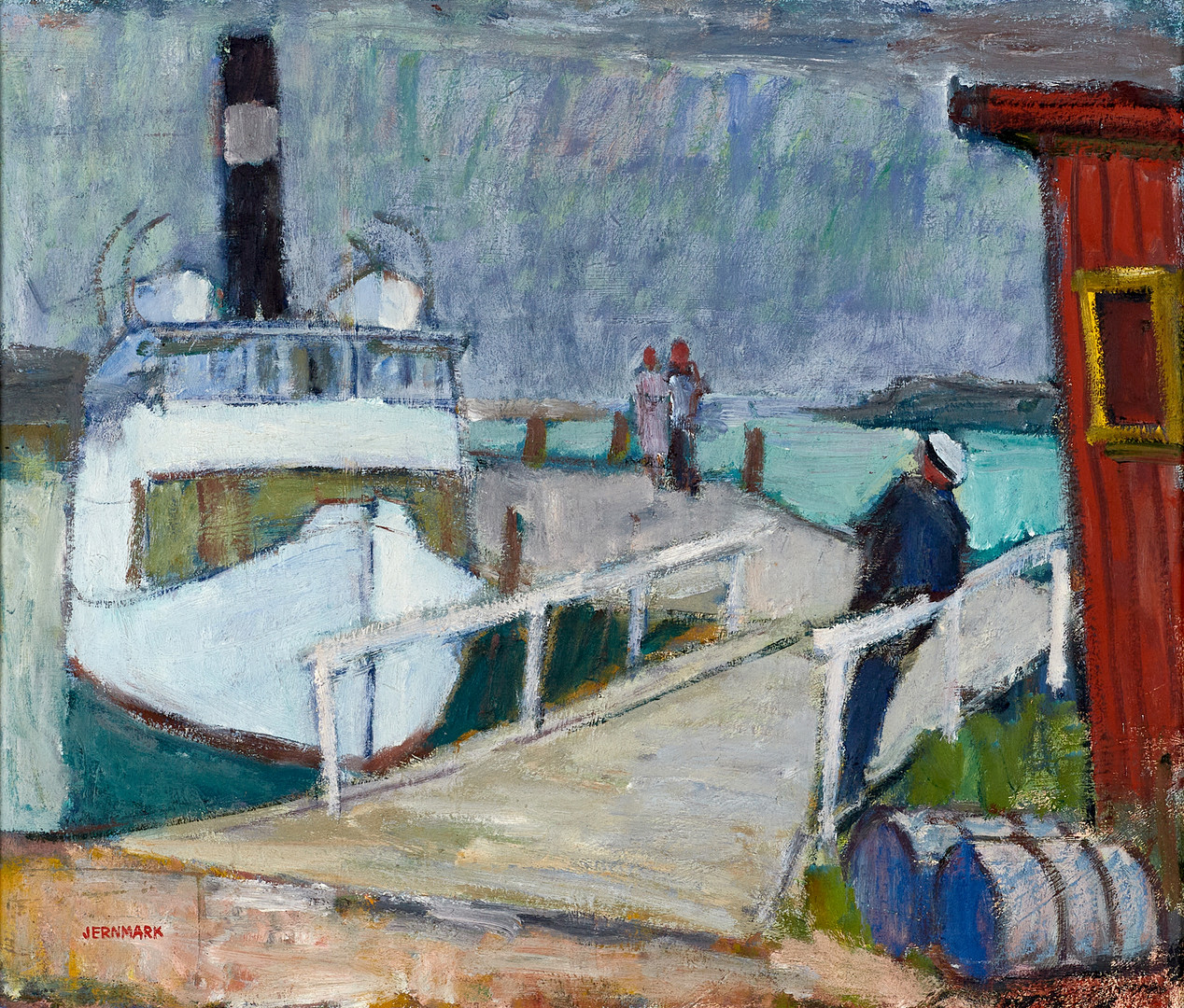 SIGGE JERNMARK (Sverige, 1887-1982): Ångbåtsbryggan Rörö, signerad Jernmark, olja på duk uppfodrad på pannå.