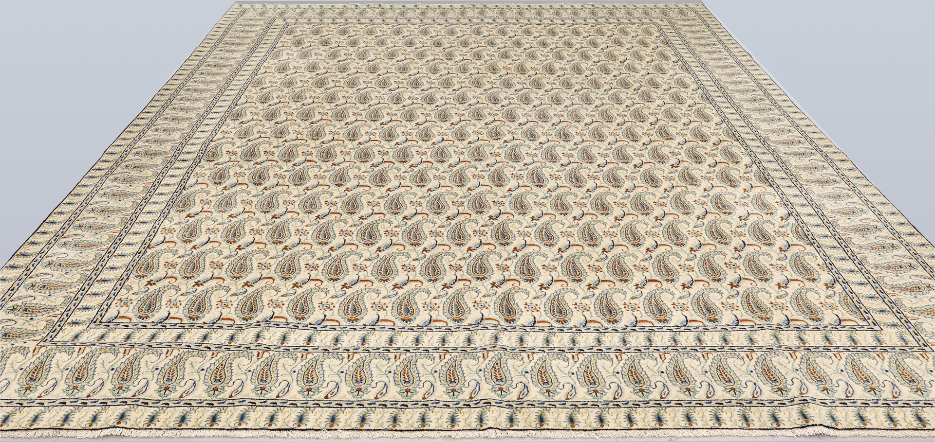 ORIENTMATTA. Ljus Keshan, Boteh Mir-mönstrad, 388 x 294 cm.