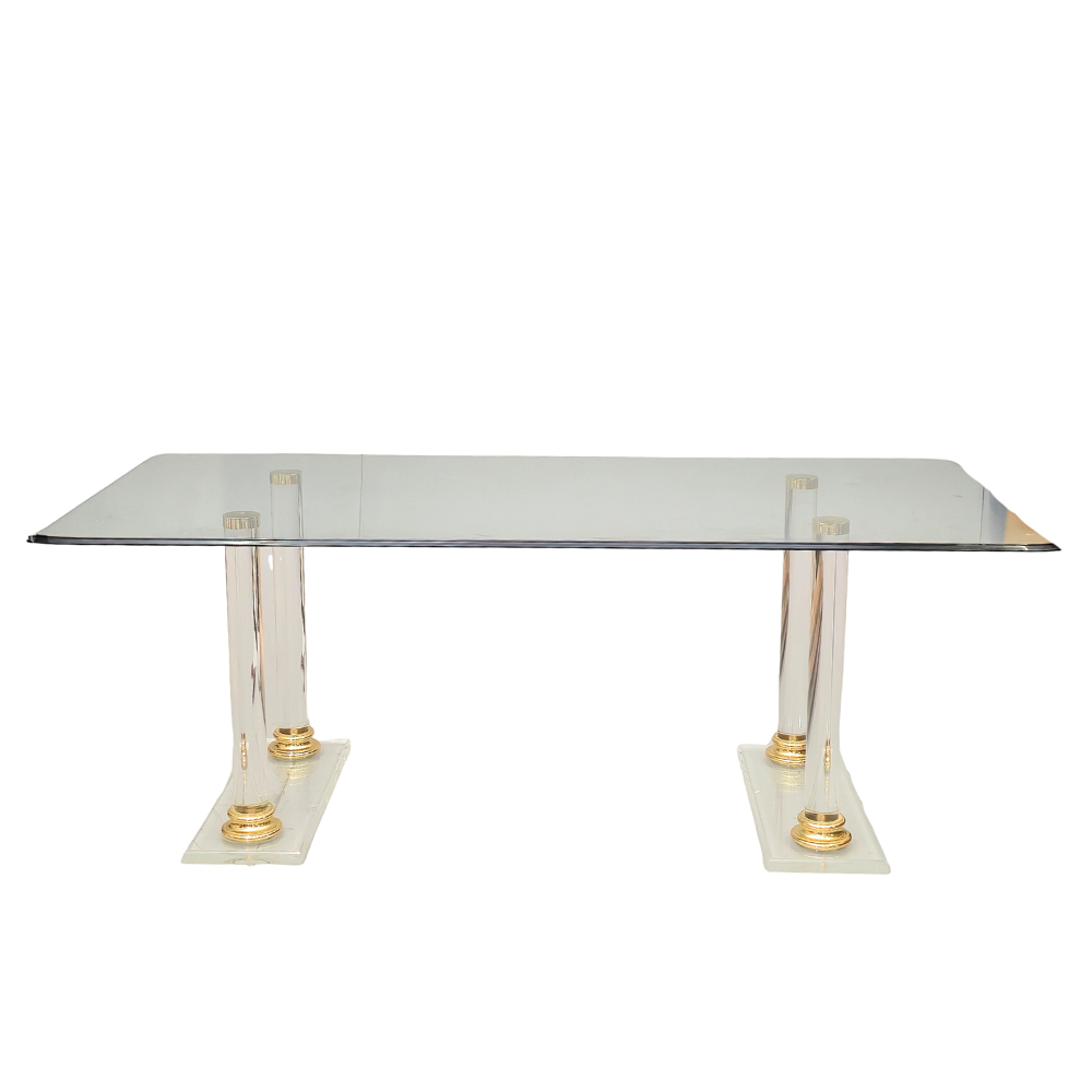 MESA DE COMEDOR EN CRISTAL Y METRAQUILATO. C. 1980.