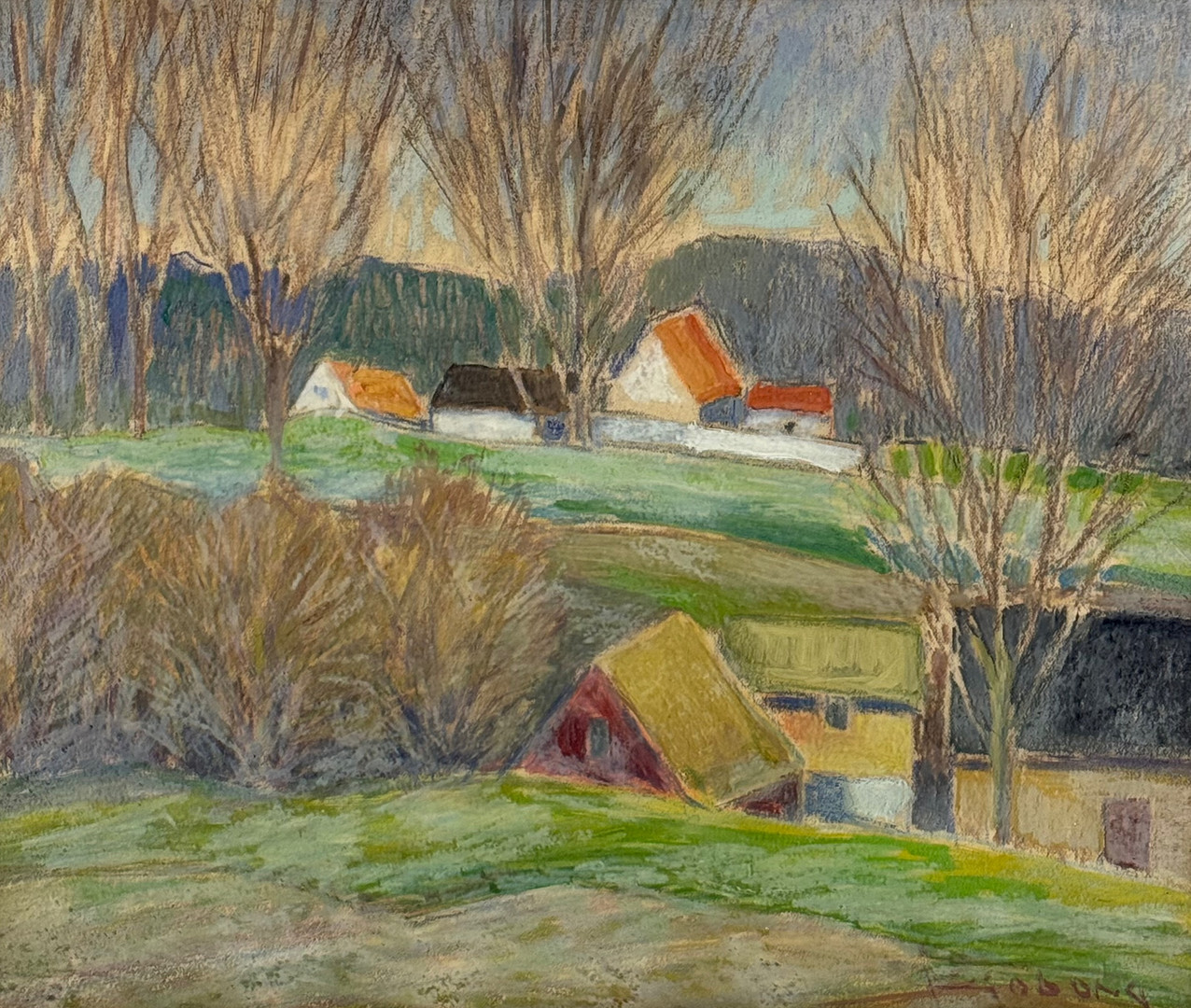 OIDENTIFIERAD KONSTNÄR. Landskap med hus, pastell, otydligt signerad.