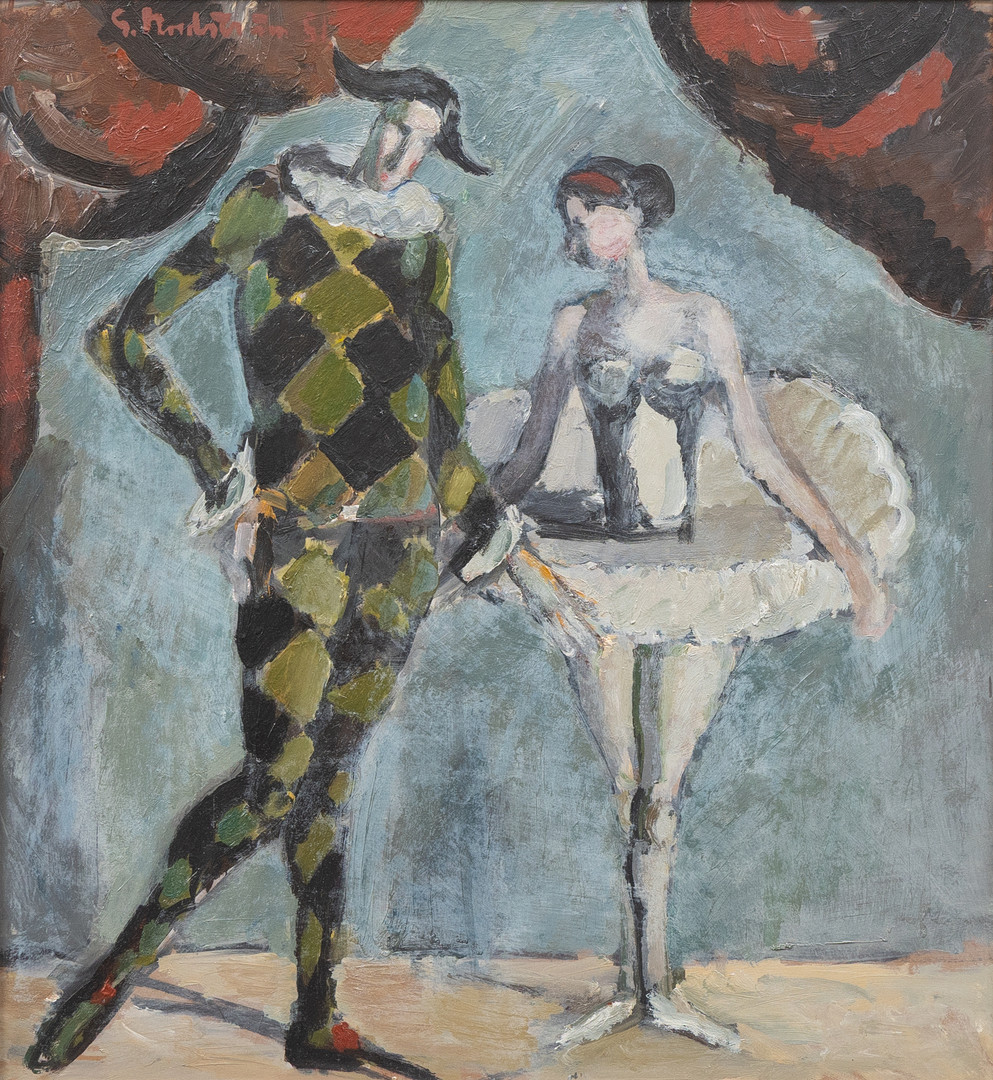 "Pierrot och Columbine", olja på duk, signerad.