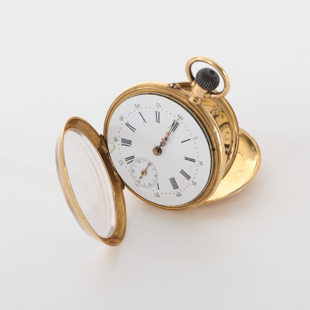 DAMFICKUR, Dubbelboett i 18K guld, Schweiz, 1890-1905, med fickursmonter.