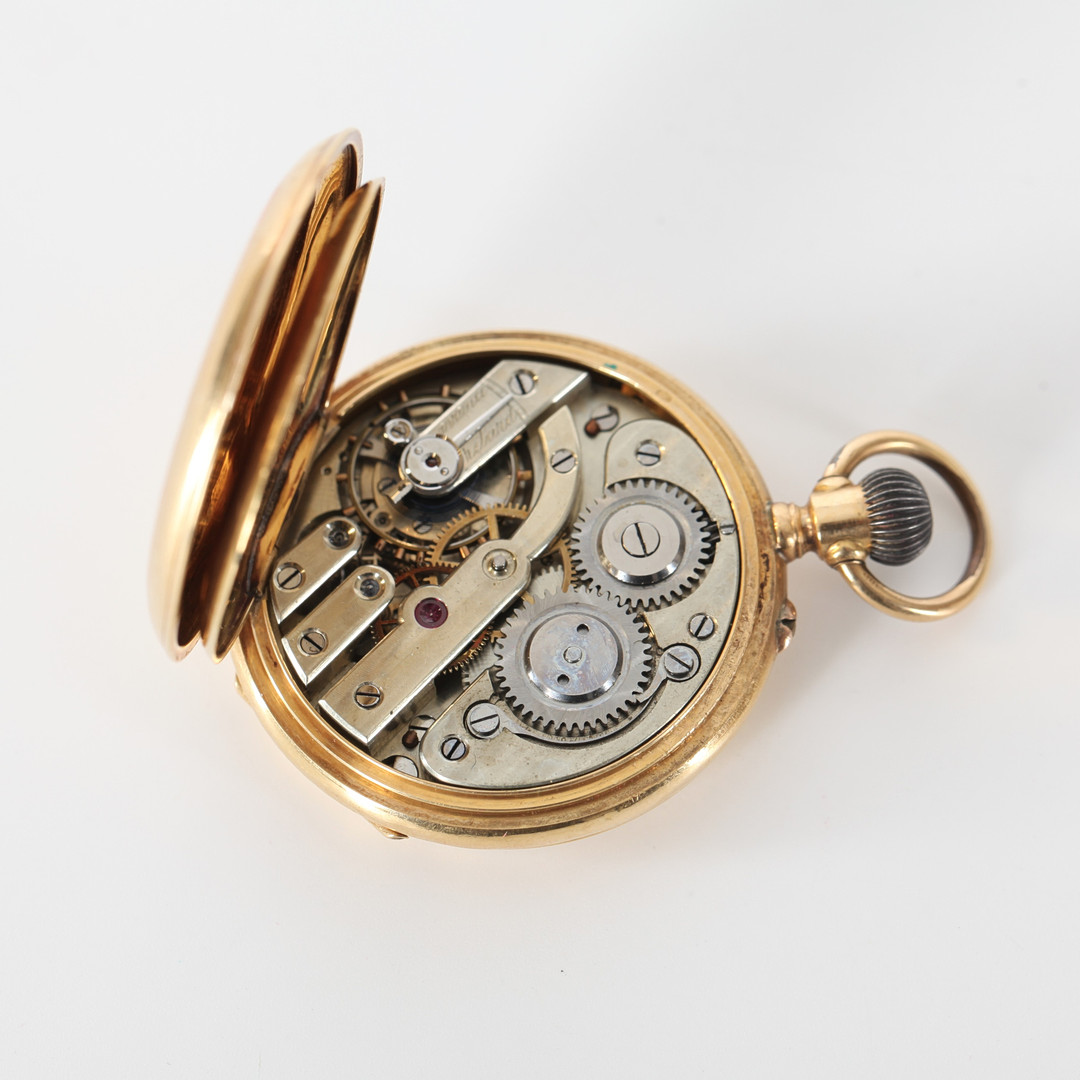 DAMFICKUR, Dubbelboett i 18K guld, Schweiz, 1890-1905, med fickursmonter.