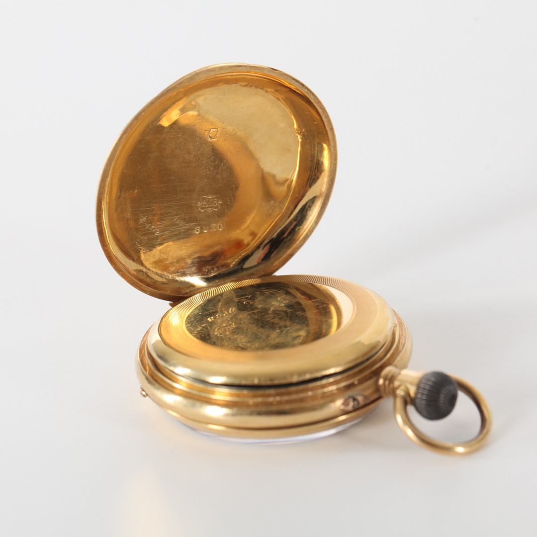 DAMFICKUR, Dubbelboett i 18K guld, Schweiz, 1890-1905, med fickursmonter.