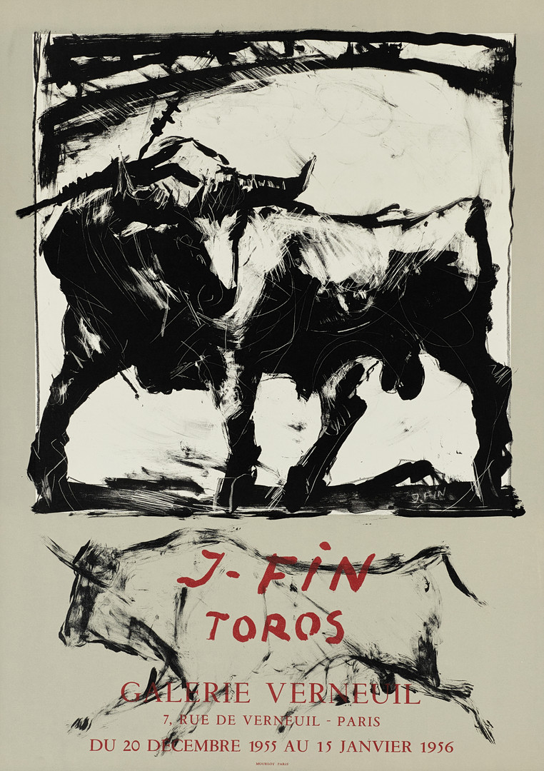 JOSÉ VILATO RUIZ | "J. FÍN" (Spanien, 1916-1969). Efter. Litografisk utställningsaffisch, "Toros", 1955/56, Galerie Verneuil, Paris, signerad i trycket, tryck Mourlot, Frankrike.