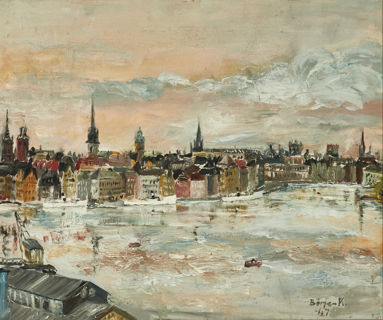 STOCKHOLMSMOTIV, Gamla stan med Mälartorget, signerad Börje-K -47.