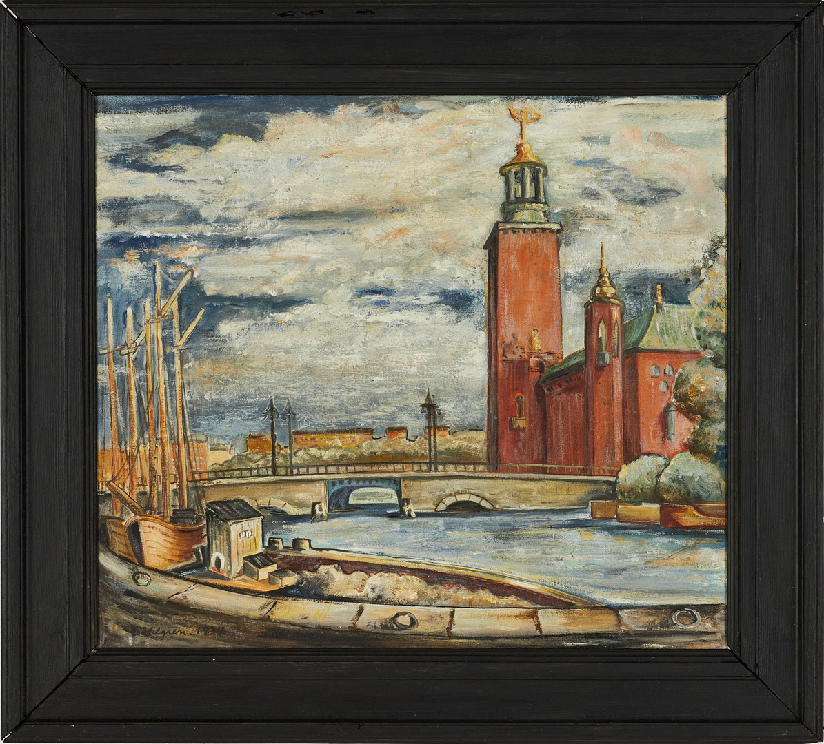 EVERT AHLGREN, Utsikt över Stockholms stadshus. signerad och daterad E. Ahlgren 1934, olja på duk.