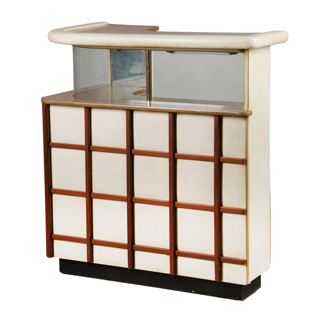 A 1970'S VINYL AND TEAK COCKTAIL BAR.