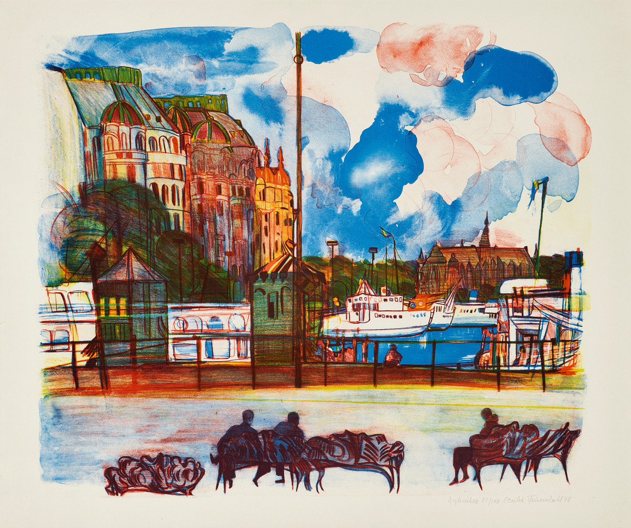 CECILIA FRISENDAHL (1922-2014). "Nybroviken", signerad och daterad -78, numrerad 81/100, färglitografi.