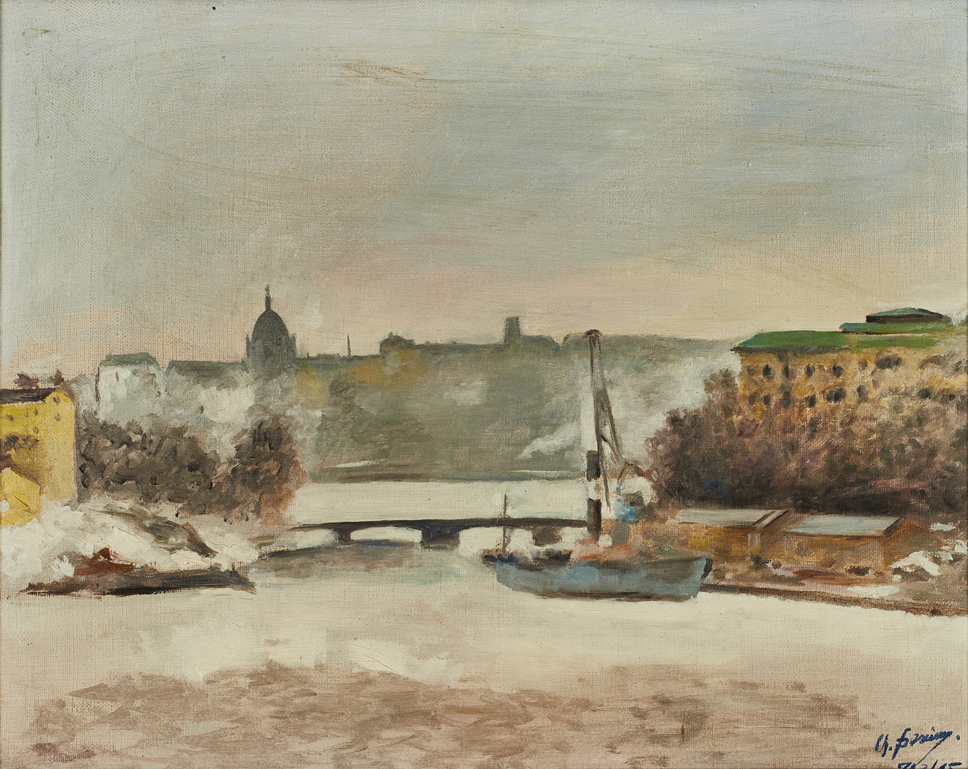 OIDENTIFIERAD KONSTNÄR, Vy över Stockholm med Narionalmuseum, signerad och daterad -45, olja på duk.
