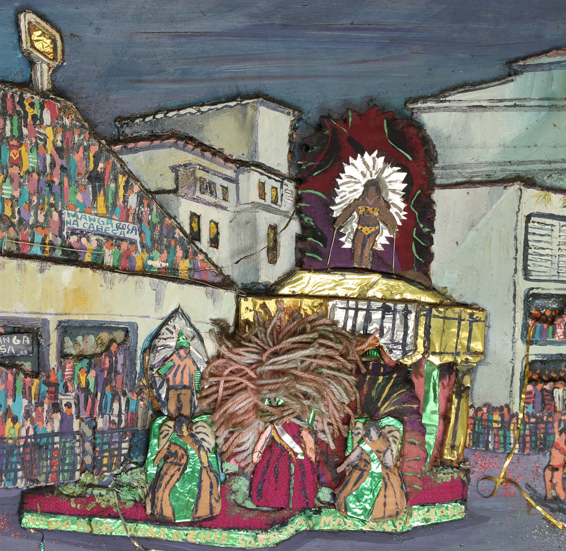GELSON LUIZ 20/21. ÅRH. Folkekunst, 3D motiv fra karneval i Rio fra sambaskolen 'Mangueira', mixed media på masonit, signeret og dateret 2003.