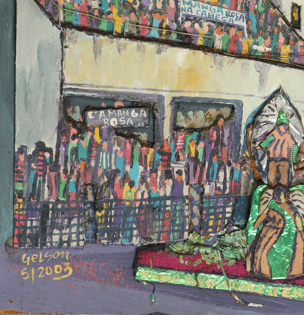 GELSON LUIZ 20/21. ÅRH. Folkekunst, 3D motiv fra karneval i Rio fra sambaskolen 'Mangueira', mixed media på masonit, signeret og dateret 2003.