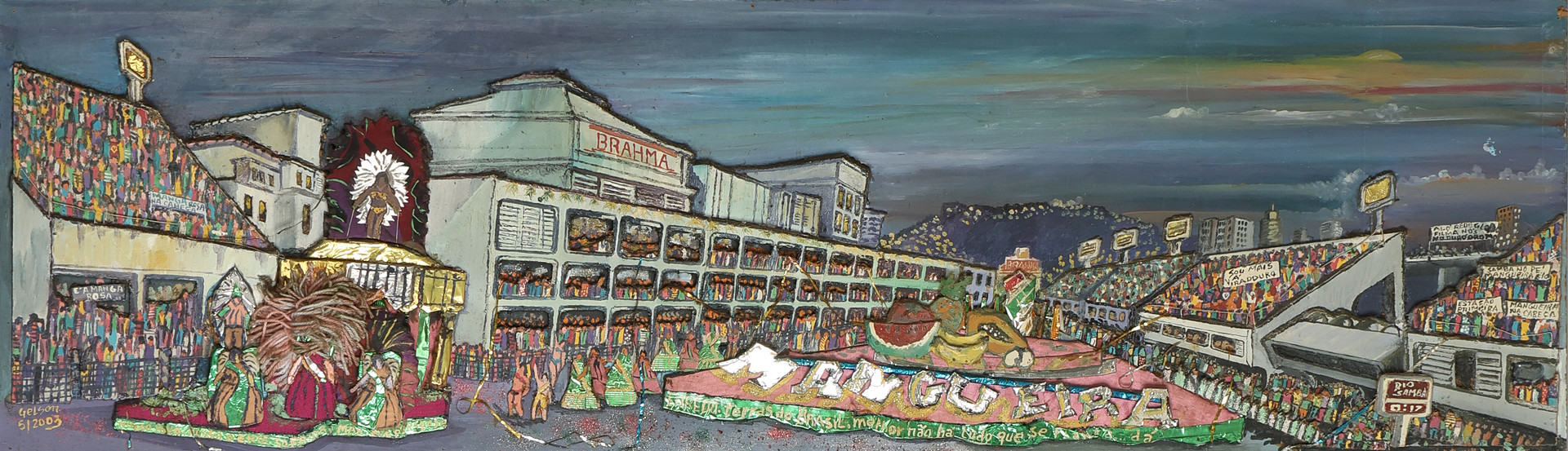 GELSON LUIZ 20/21. ÅRH. Folkekunst, 3D motiv fra karneval i Rio fra sambaskolen 'Mangueira', mixed media på masonit, signeret og dateret 2003.