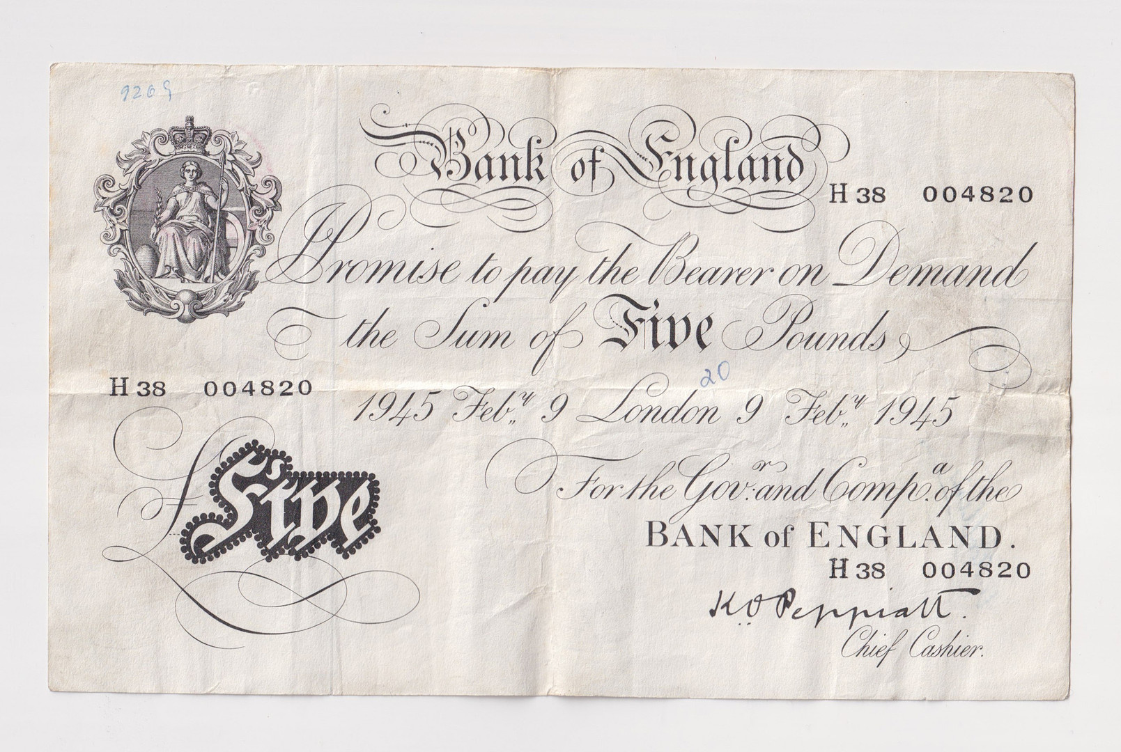 1945 WHITE FIVE BANK NOTE.